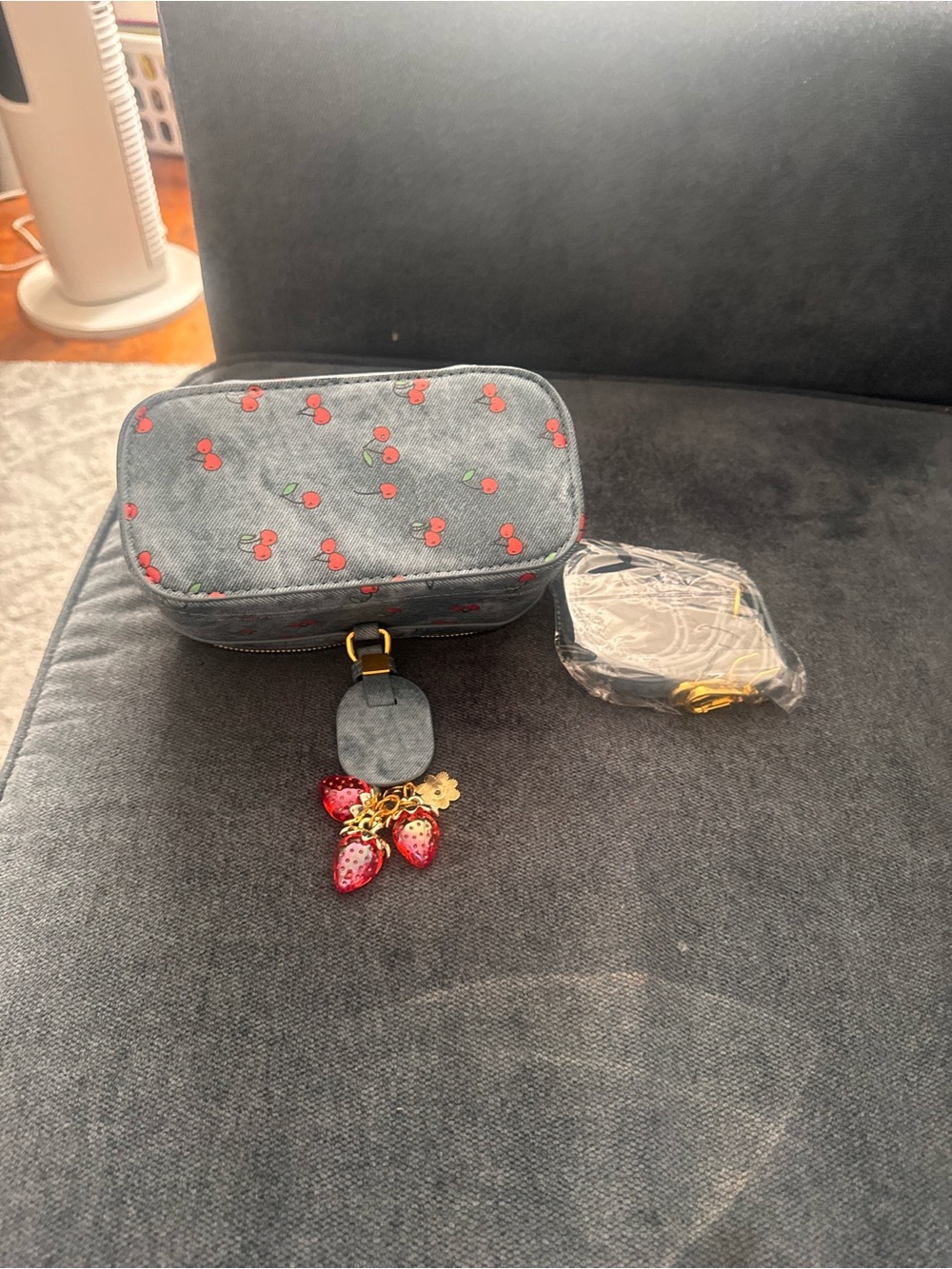 Denim-Style Mini Crossbody with Cherry Print and Strawberry Charm